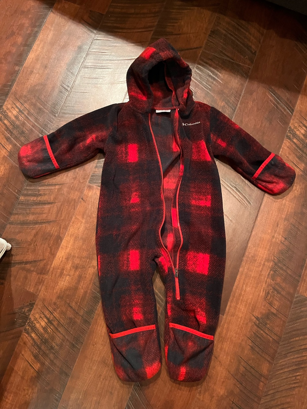 Columbia Red & Black Plaid Hooded Fleece Jumpsuit. 18-24months
